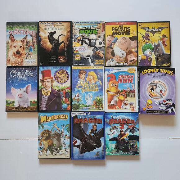 Other - 13 DVD Kids Lot Animated DreamWorks DVD Dragon Looney Tunes Peanuts Lego Animals